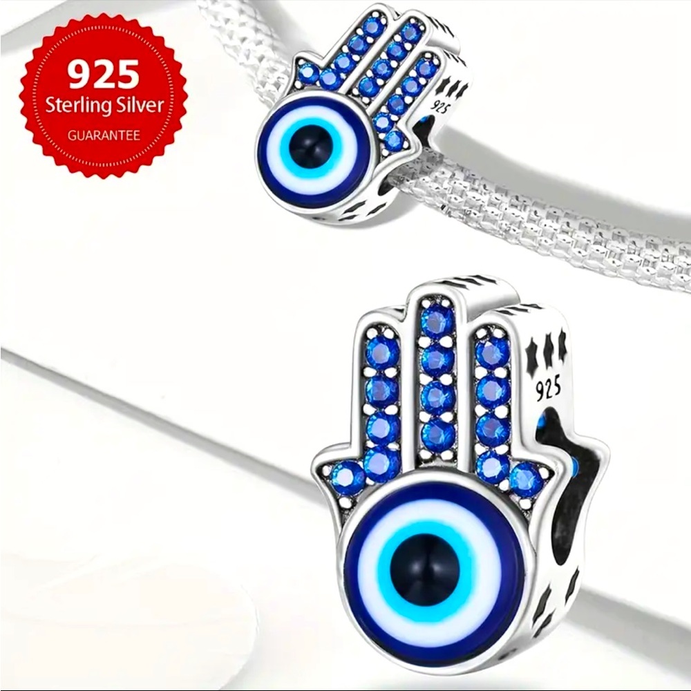 🪬 STERLING SILVER HAMSA EVIL EYE CHARM BLUE ENAMEL 🧿